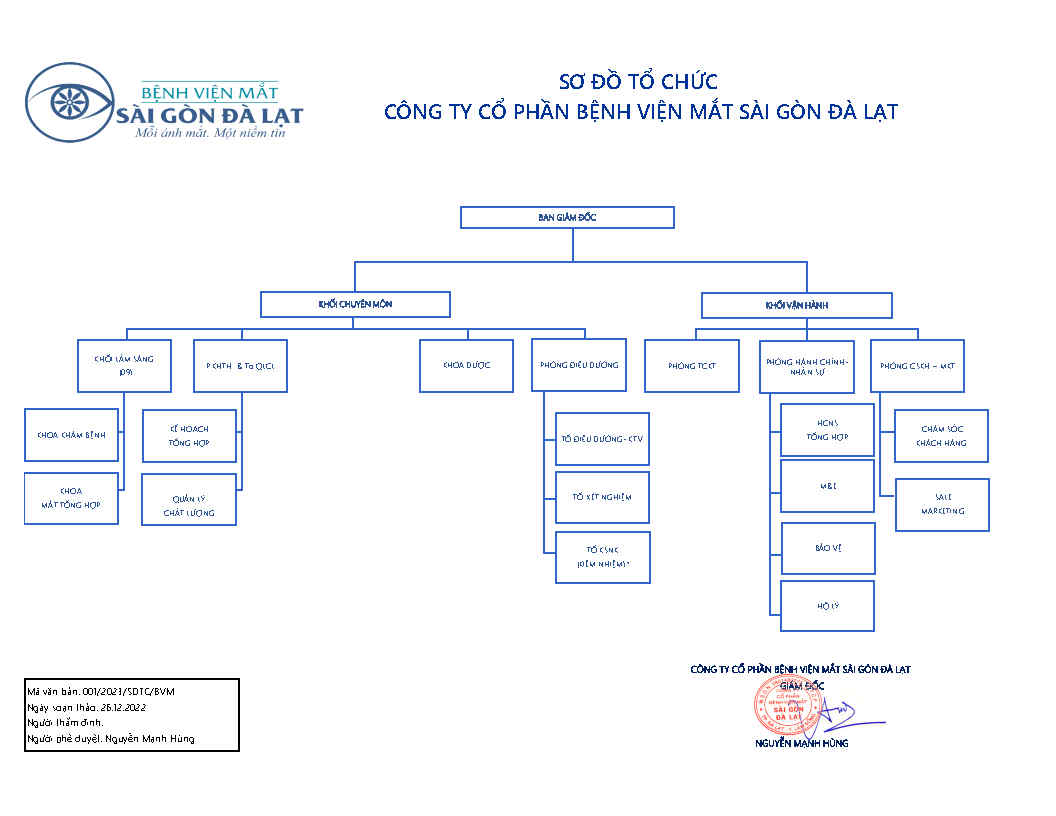 Sơ đồ tổ chức Công ty Cổ phần Bệnh viện Mắt Sài Gòn Đà Lạt